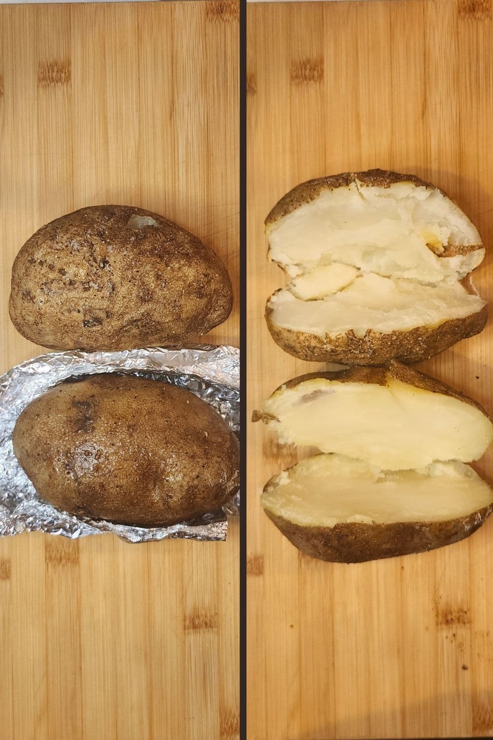 Foil-wrapped vs unwrapped baked potatoes showing texture difference