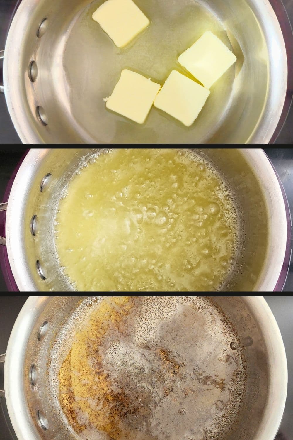 Three stages of brown butter