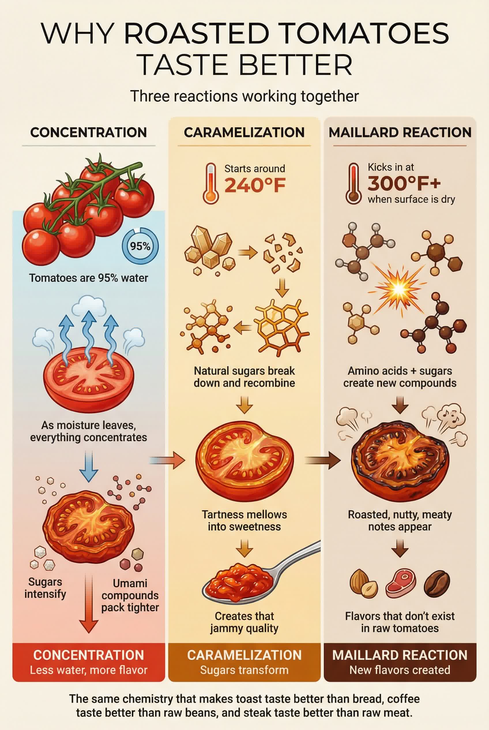 Infographic showing the three reactions that make roasted tomatoes taste better